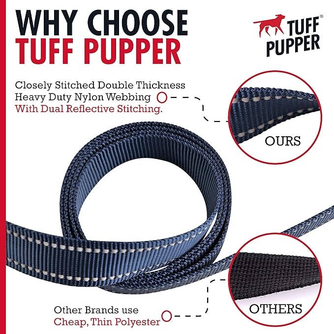Tuff Pupper Heavy Duty Double Handle Leash | Twist Locking Carabiner Clip | Safety Lock for Strong Dogs | Reflective for Safe Night Walks | 6 Foot Leash | For Medium & Large Dogs