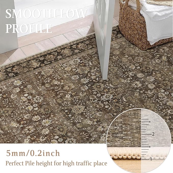 HUGEAR 6x9 Machine Washable Rugs Brown Hallway Large Area Rug Indoor Accent Rug Floral Low Pile Carpet Soft Throw Aesthetic Rug Bedroom Living Room Office Dining Room Kitchen Laundry Room