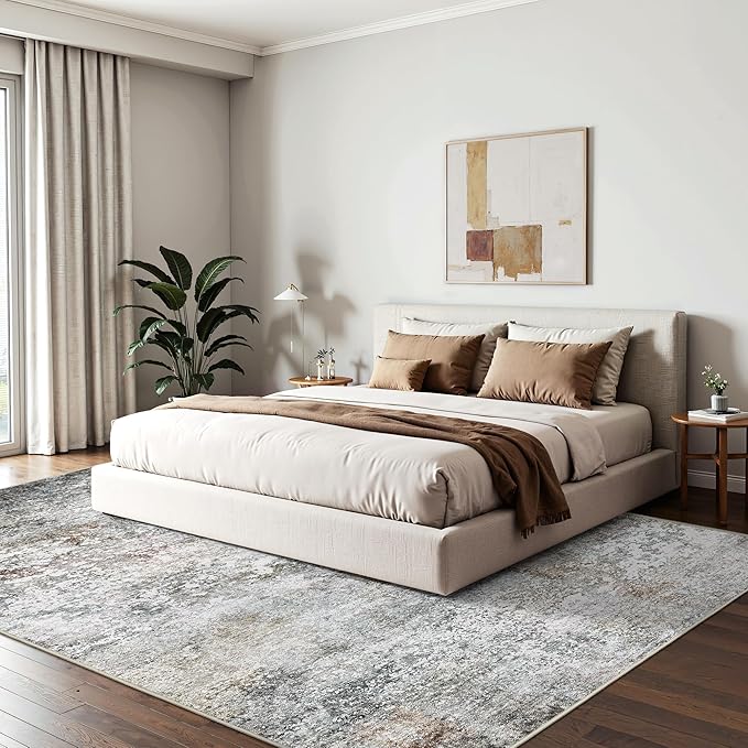 Art&Tuft Washable Rugs 5x7 - Stain Resistant Anti-Slip Backing Abstract 5x7 Area Rugs for Living Room, Foldable Machine Washable Area Rug(5'x7', Grey/Rust)