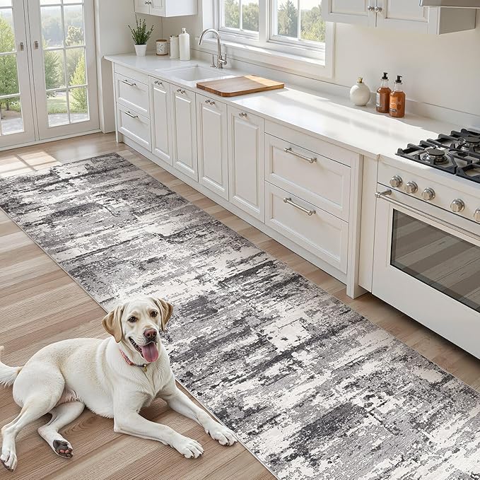 Hallway Washable Runner Rug: 3x12 Abstract Modern Soft Stain Resistant Non-Slip Backing Runner for for Entryway Kitchen Laundry - Black Grey
