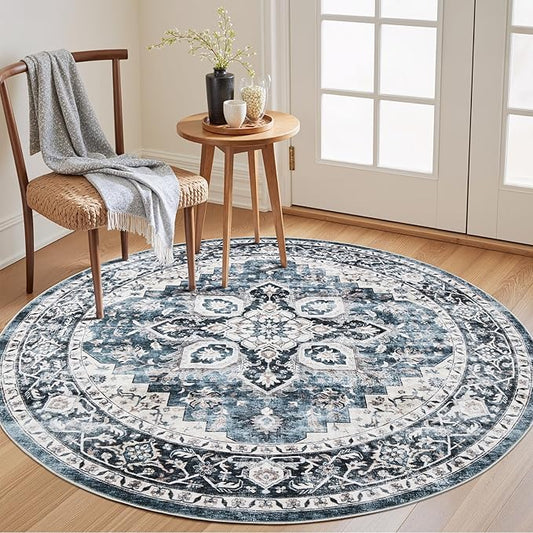 AMADA HOMEFURNISHING 5ft Area Rugs, Blue Low-Profile Washable Rug with Non-Slip Backing & Durable Edge Binding, Vintage Rugs for Living Room, Bedroom, Dinning Room