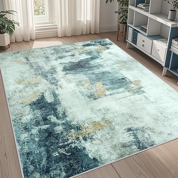 5x7 Area Rugs for Living Room Rug Washable: Abstract Rug for Dining Room Bedroom Carpet Non Slip 5 by 7 Indoor Modern Nursery Home Office Teal Grey Gold
