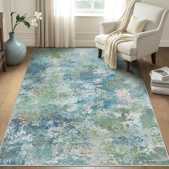 Area Rugs 4x6 for Living Room Bedroom, Modern Abstract Machine Washable Rug, Large Soft Low Pile Floor Carpet with Non Slip Backing for Dining Room, Blue Green