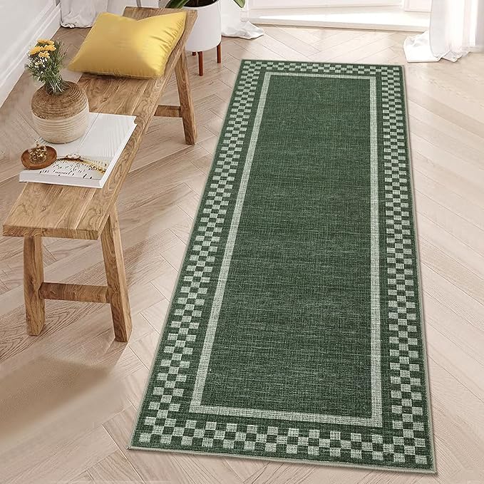 GarveeHome Kitchen Runner Rug Washable Runner Rug 2x6 for Hallway Non Slip Soft Throw Runner Carpet Modern Bordered Bathroom Mat Low Pile Checkered Runner Rugs for Bedroom Living Room Entry, Green