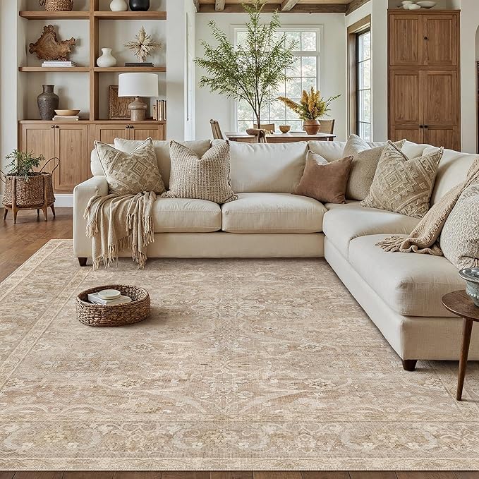 Brown 8x10 Area Rug Washable Living Room Vintage Carpet Bedroom Large Indoor Non Slip Soft Low Pile Thin Stain Resistant Distressed Accent Throw Rug for Dining Office Nursery