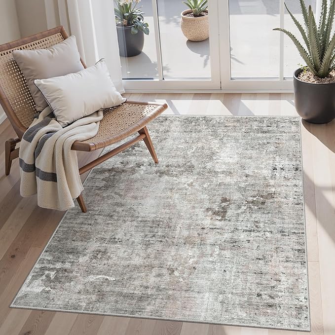 3x5 Rug, Abstract Small Area Rug for Kitchen, Entryway, Machine Washable Non-Slip Throw Rug, Vintage Carpet for Nursery Coffee Table Pink Grey