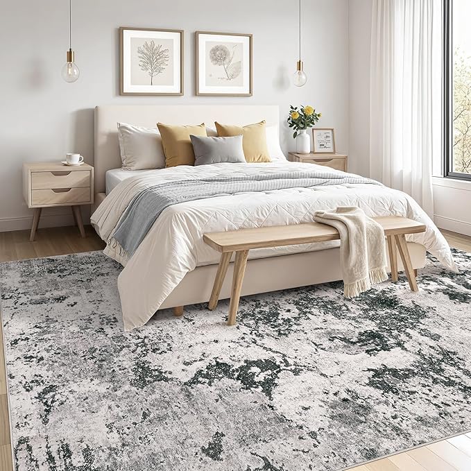 Area Rugs for Living Room: 8x10 Abstract Washable Rug Large Soft Stain Resistant Non-Slip Backing for Bedroom Dining Room Indoor Home Office Carpet for Kids Pet Friendly Families - Dark Grey