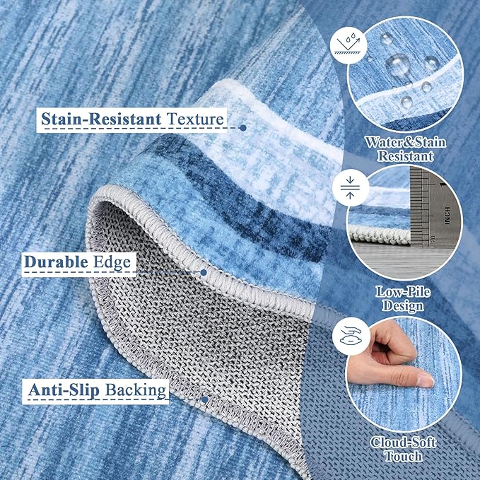 GarveeHome Scalloped Washable Rug 9x12 Area Rugs for Living Room Modern Solid Carpet for Bedroom Abstract Irregular Scalloped Non-Slip Low-Pile Accent Carpet for Farmhouse Dining Room (Blue, 9x12)