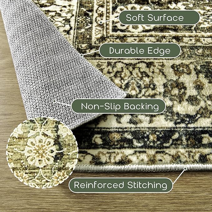 Vintage Design Floral Area Cream Rug Distressed Carpet Washable Non Slip Rug Kitchen Bedroom Dining Room 3x5 Cover Print,Tan Brown and Cream Beige