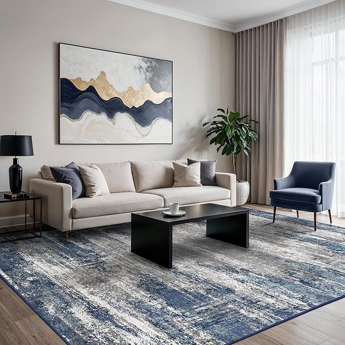 GENIMO Area Rugs 9x12 Living Room, Large Machine Washable Rug Non-Slip, Modern Soft Low Pile Rugs for Bedroom, Playroom, Dining Room, Blue Ivory