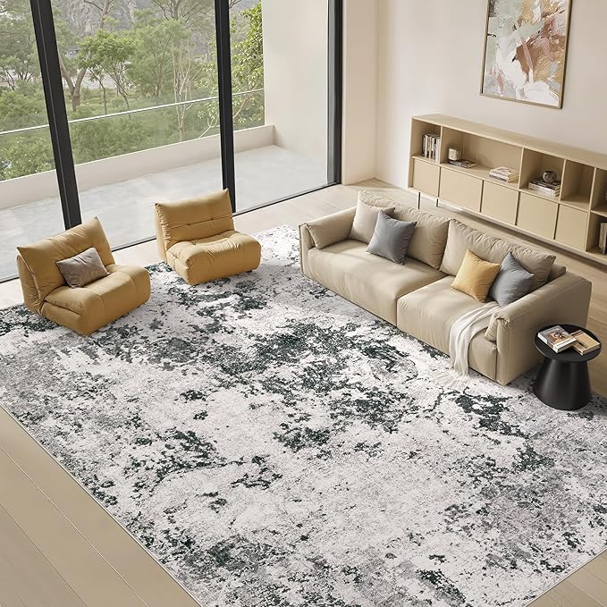 Area Rugs for Living Room: 9x12 Abstract Washable Rug Large Soft Stain Resistant Non-Slip Backing for Bedroom Dining Room Indoor Home Office Carpet for Kids Pet Friendly Families - Dark Grey