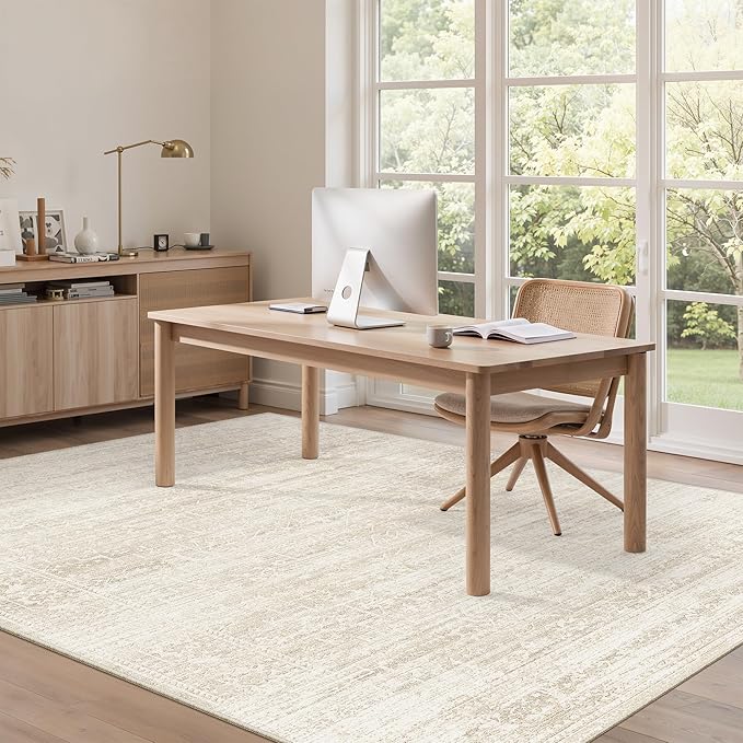 6x9 Area Rugs for Living Room, Washable Neutral Rugs for Bedroom, Floral Vintage Non-Slip Soft Throw Carpet for Dining Room Farmhouse (Beige/Cream, 6'x9')