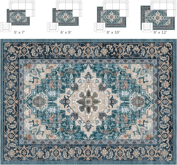 Lessymo 8 x 10 Area Rugs for Living Room, Machine Washable Area Rugs Boho Faux Wool Low Pile Area Rug for Bedroom, Floral Medallion Vintage Rugs with Non-Slip Rubber, Kid & Pet Friendly,Dark Green