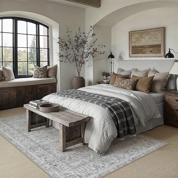 Gray 5x7 Area Rug Washable Vintage Living Room Carpet Bedroom Indoor Non Slip Soft Low Pile Thin Stain Resistant Distressed Accent Throw Rug for Dining Office Nursery