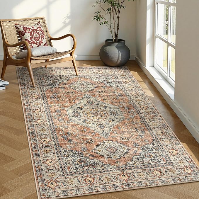 Lahome Oriental Washable Rugs for Living Room, 4x6 Bedroom Area Rug Ultra-Thin Soft Non Slip Stain Resistant Vintage Throw Carpet for ?랳ffice Dining Room, Peach/Orange