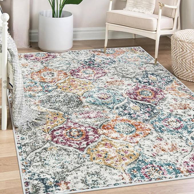 Lahome Moroccan Trellis Washable Small Area Rug, 3x5 Black Rug for Bedroom Living Room, Non-Slip Oriental Accent Throw Carpet for Kitchen Office Entryway Bathroom Office, Aqua/Multi