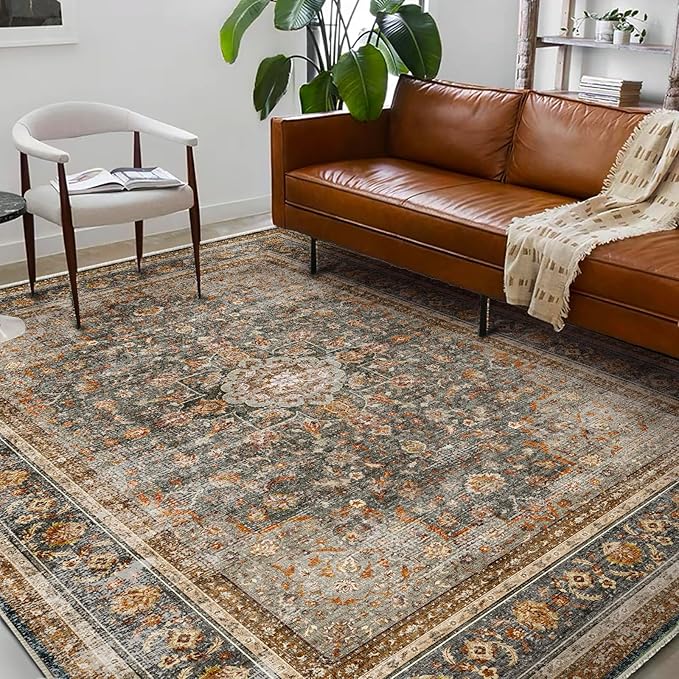 Washable Area Rug 10'x14' Boho Design Non-Shedding Easy Care Ideal for High Traffic Areas in Living Room Bedroom Office Coffee Table Kitchen Large Carpet