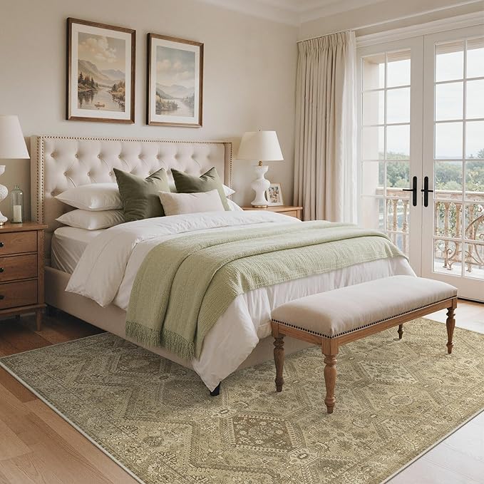 Bavni 9x12 Area Rug Washable Rug for Living Room Bedroom, Vintage Print Carpet, Low Pile Lightweight Mat with Non Slip Backing, Light Brown