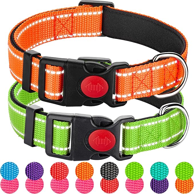 2 Pack Reflective Dog Collars for Medium Dogs Girl Boys,Female Male,Nylon Dog Collars for Puppy small Large Dog with Quick Release Safety Buckle, Durable padded soft neoprene Dog Collar,Orange,Green,M