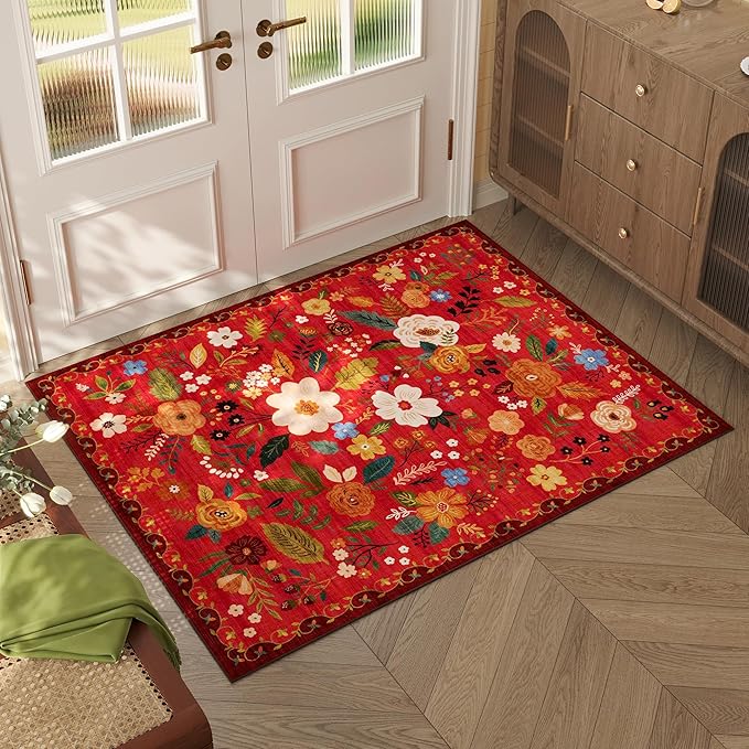 Rugcomf Door Mat Indoor Entrance 2x3 Rug Machine Washable Boho Floral Small Area Rug Non-Slip Low Pile Throw Rugs for Entryway, Kitchen, Front Door Indoor Entrance, Entry, Kids Room (Red)