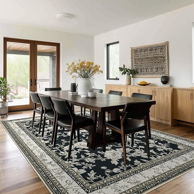 Black Farmhouse Washable 9x12 Area Rugs for Living Dining Room Bedroom Office Kitchen Table Large Rug for Under Table, Beige Cream Taupe Sketch Pattern Floral Vintage Boho Farmhouse Home Decor