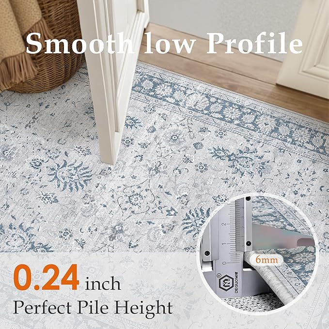 6x9 Area Rug Blue Washable Vintage Carpet Living Room Bedroom Large Non Slip Stain Soft Resistant Low Pile Thin Boho Accent Indoor Throw Rug for Dining Room Office