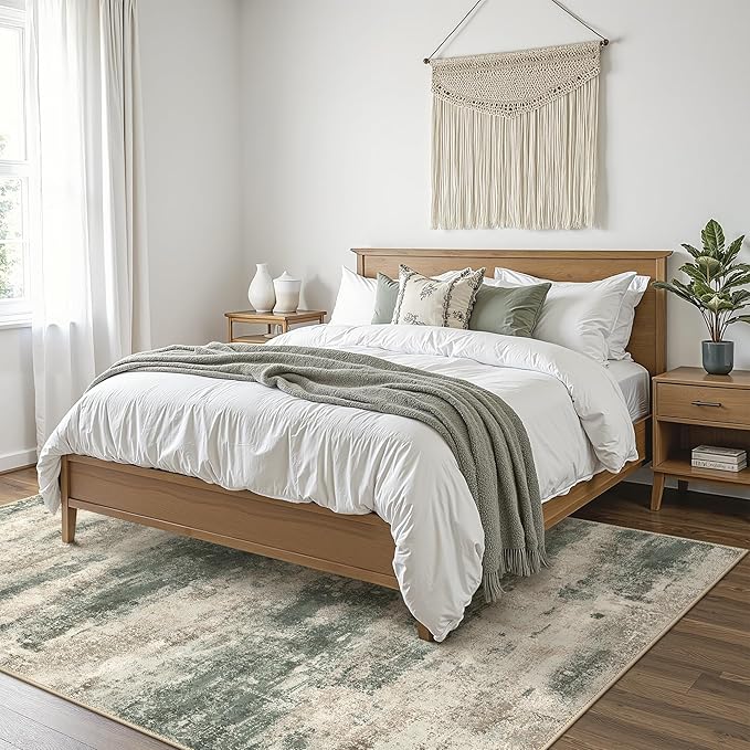 Area Rugs 10x14 for Living Room Bedroom, Modern Abstract Machine Washable Rug, Large Soft Low Pile Floor Cover with Non Slip Backing for Dining Room, Grey/Dark Green