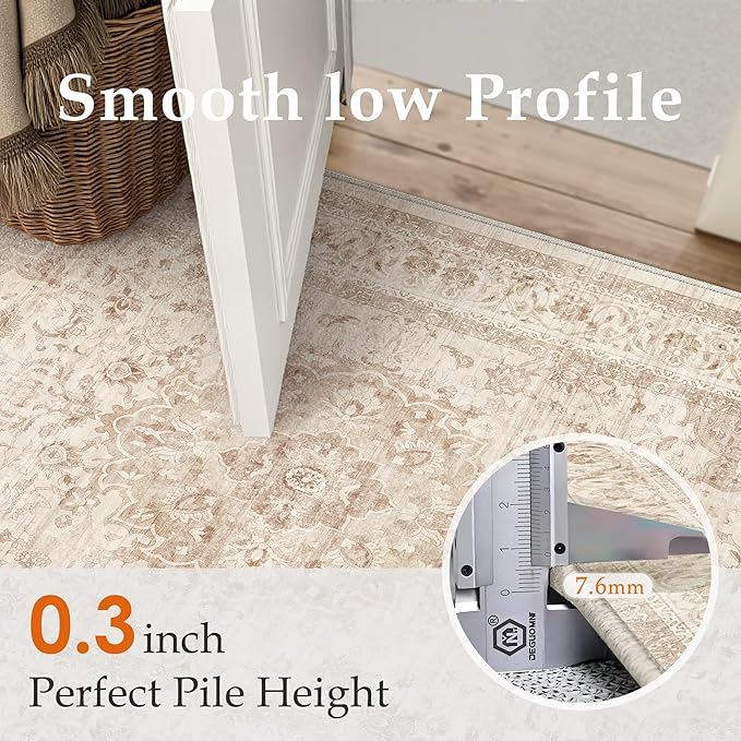3x5 Beige Washable Vintage Area Rug for Living Room Bedroom Soft Tranditional Non Slip Throw Rug Lightweight Floral Low Pile Distressed Carpet Entrance Laundry Room Office