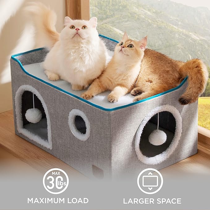 Bedsure Large Cat Beds for Indoor Cats - Extra Wide Cat Cube House for Small Pet with Fluffy Ball Hanging and Scratch Pad, Foldable Pet Cave Hideaway for Multiple Cats, 23.6x16.9x13 inches, Grey
