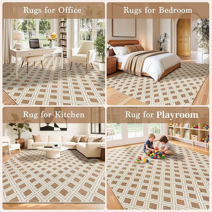 LBRO2M Checkered 9X12 Area Rug for Living Room Washable Rugs for Bedroom Dining Room Non Slip Modern Rugs Easy Clean, Soft, Stain Resistant Carpet Great for Pets and Family (9'X12' Brwon)