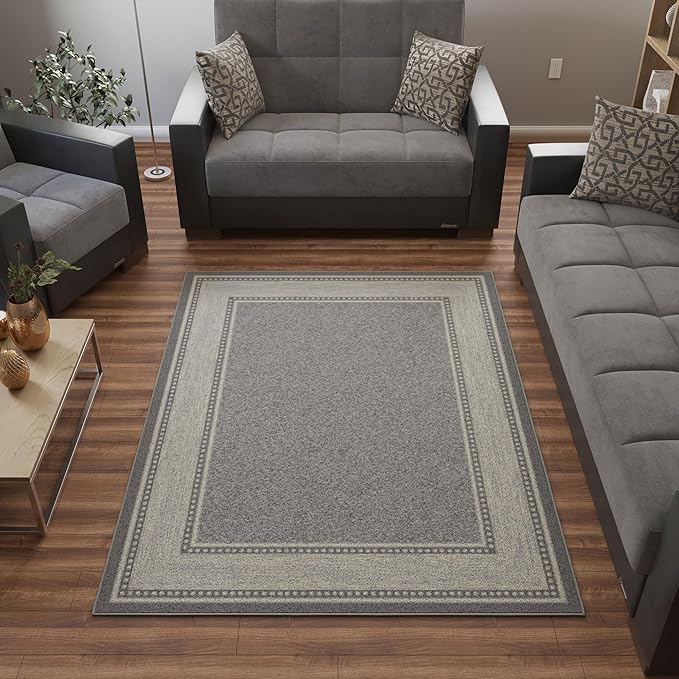 Ottomanson 5' x 6'6" Rugs for Living Room Border Area Rug for Bedroom - Non Slip Durable Large Floor Carpet for High Traffic Areas - Indoor Rug for Dining Room Kitchen Kids Playroom, Light Gray