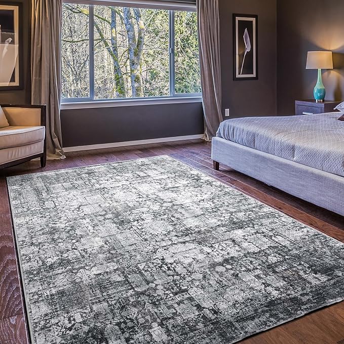 Area Rug 4횞6, Vintage Boho Rug,Ultra-Soft Low Pile, Washable, Non Slip,Stain Resistant Printed Carpet for Living Room Bedrooms Playroom Office Kitchen, Dark Stone