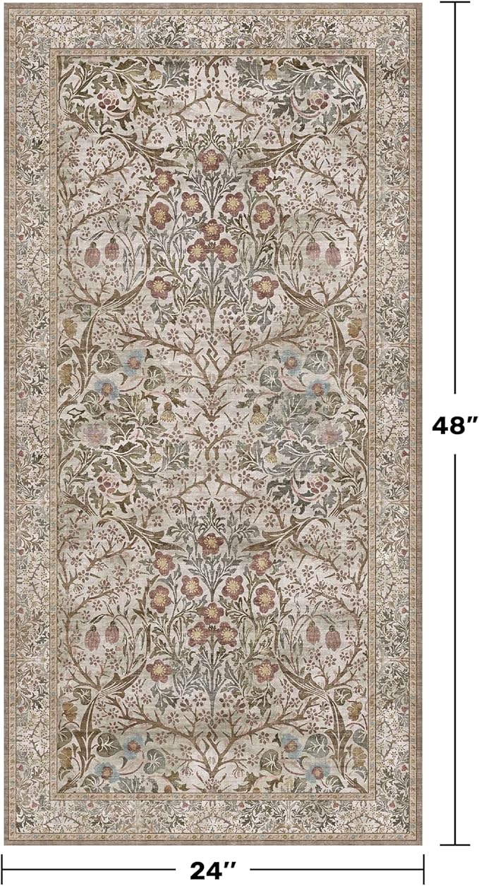 Moss Green Washable 2x4 Entry Rug - Front Door Rugs Indoor, Vintage Floral Style Small Rug for Kitchen, Bathroom, Non-Slip Boho Vintage Dark Taupe Entryway Décor