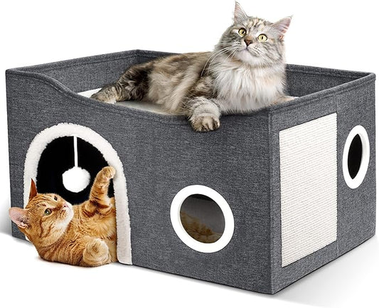 Heeyoo Cat House for Indoor Cats - Large Cat Bed Cave with Fluffy Ball and Scratch Pad, Foldable Cats Houses & Condos, Cat Hideaway, Covered Kitty Bed for Multi Small Large Kitty, 23.8x15.9x13.2 Inch