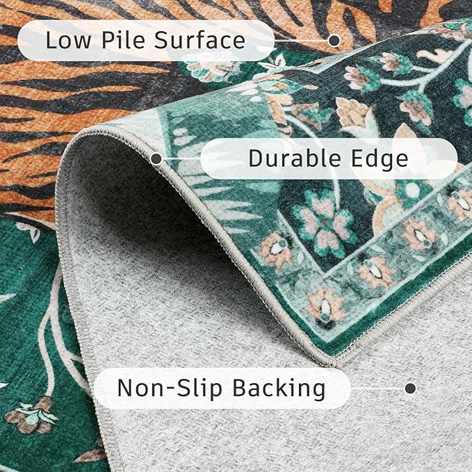 DCX Washable 3x5 Tiger Rug, Green Vintage Animal Rug for Entryway, Soft Low Pile Carpet, Kid & Pet Friendly with Rubber Back Non Slip, Stain Resistant Rug for Bedroom, Laundry, Bathroom
