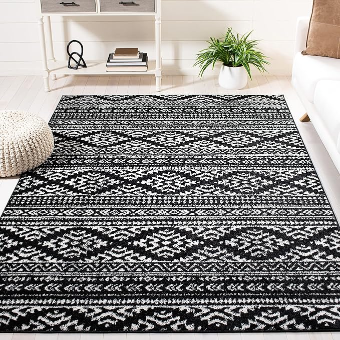 SAFAVIEH Tulum Collection Area Rug - 8' Square, Black & Ivory, Moroccan Boho Tribal Design, Non-Shedding & Easy to Clean, Ideal for Living Room, Bedroom, Dining Space (TUL272Z)