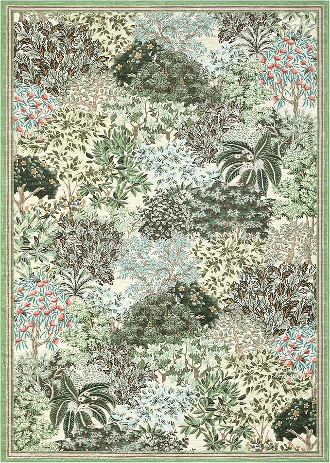 GarveeHome Forest Rugs 8x10, Beige Green Washable 8x10 Area Rug for Living Room, Botanical Low Pile Non Slip Stain Resistance Large Carpet for Office Dining Room, Farmhouse