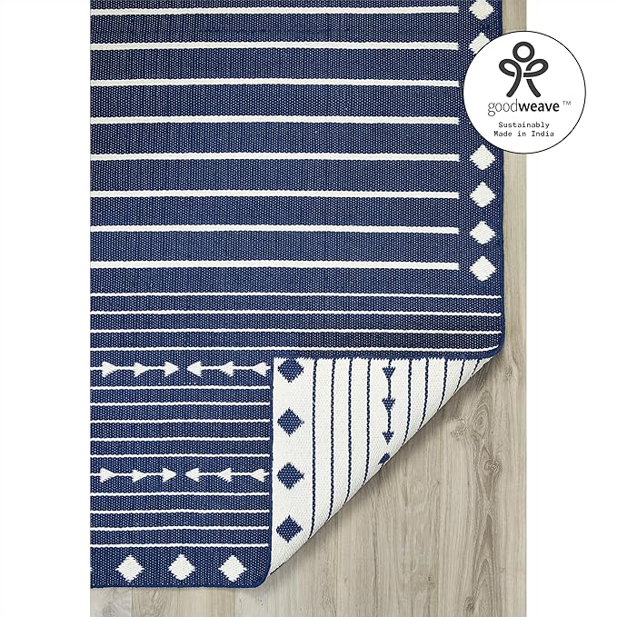 Fab Habitat Machine Washable Area Rug - Hand Woven, Stain Resistant, Pet Friendly, Reversible - Premium Recycled Polyester Yarn - Aztec, Kilim - Bedroom,Living Room - Flagstaff - Navy/White - 4 x 6 ft