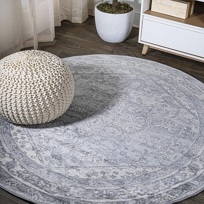 JONATHAN Y Modern Vintage Medallion Light Gray/Ivory 6' Round Indoor Area Rug, Country, Floral, Easy-Cleaning for Living Room, Bedroom, Kitchen, Pet Friendly, Non-Shedding (MDP106C-6R)