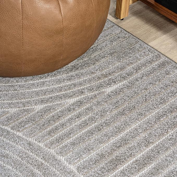 JONATHAN Y Hallie High-Low Curve Gray/Ivory Indoor/Outdoor Area Rug, 12x15, Minimalist, Pet Friendly, Non-Shedding, Stain Resistant, Hose-Washable for Backyard, Patio, Porch (SCN100A-15)