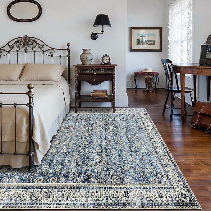 Blue Area Rug for Living Room 8x10 Washable Vintage Farmhouse Big Large Boho Distressed Carpet Rugs for Bedroom,Light Blue and Cream Polyester Rayon Cotton Blend