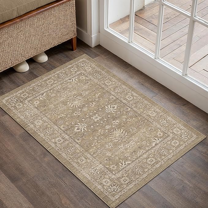 2x3 Area Rug Brown Washable Entryway Vintage Carpet Door Mat Small Non Slip Stain Soft Resistant Low Pile Thin Boho Accent Indoor Throw Rug for Kitchen Bathroom Entrance Bedroom