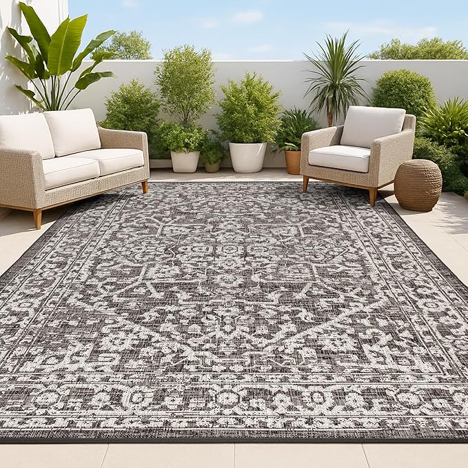 JONATHAN Y Boho Medallion Indoor Outdoor Area Rug 6X9 Black/Gray, Malta Textured Weave for Backyard, Patio, Porch, Easy-Cleaning, High Traffic, Pet-Friendly, Non-Shedding (SMB104C-6)