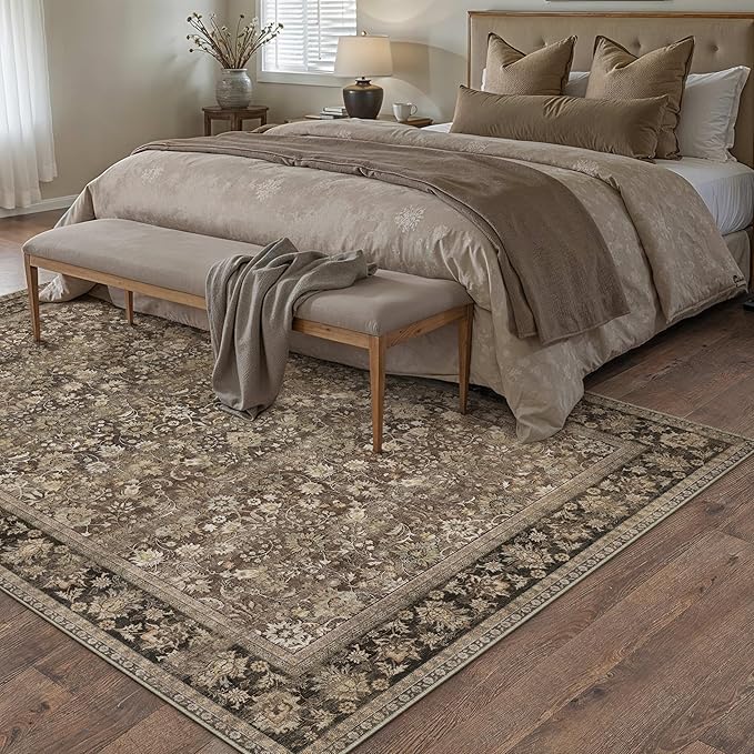 HUGEAR 8x10 Machine Washable Rugs Brown Hallway Large Area Rug Indoor Accent Rug Floral Low Pile Carpet Soft Throw Aesthetic Rug Bedroom Living Room Office Dining Room Kitchen Laundry Room