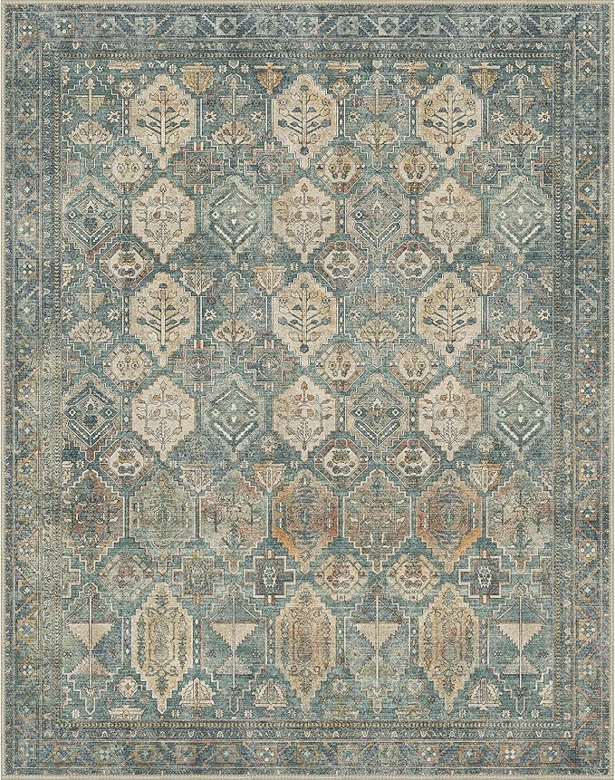 Bavni Washable Rug 5x7 Area Rug for Living Room Bedroom Dining, Washable Vintage Print Carpet, Ultra-Thin Low Pile Lightweight Rug with Non Slip Backing, Teal