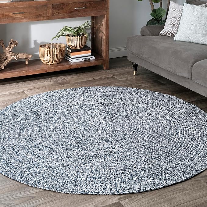 nuLOOM 5' Round Solid Hand Braided Indoor/Outdoor Area Rug, Pet-Friendly, High Traffic, Weather Resistant, for Patio, Balcony, Bedroom, Living, Dining Room, Wynn Navy