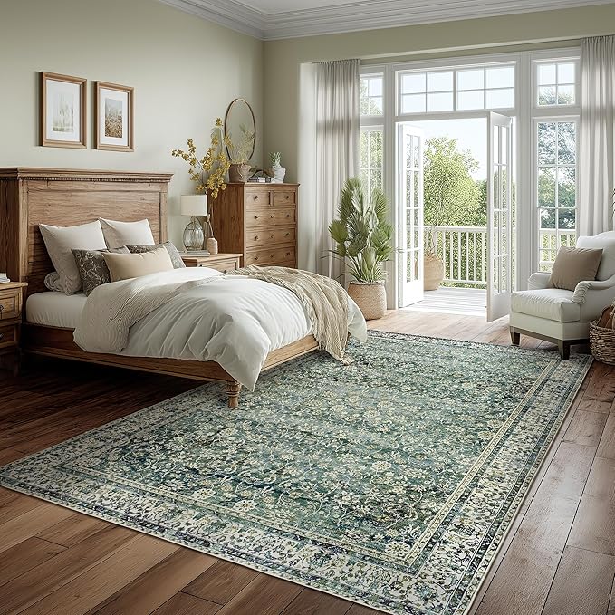Dark Green 5x8 Rug for Bedroom Neutral Boho Vintage Floral Rugs with Non Slip Washable Soft Green Low Pile Area Rugs for Living Room Home Office Dining Room 5 x 8