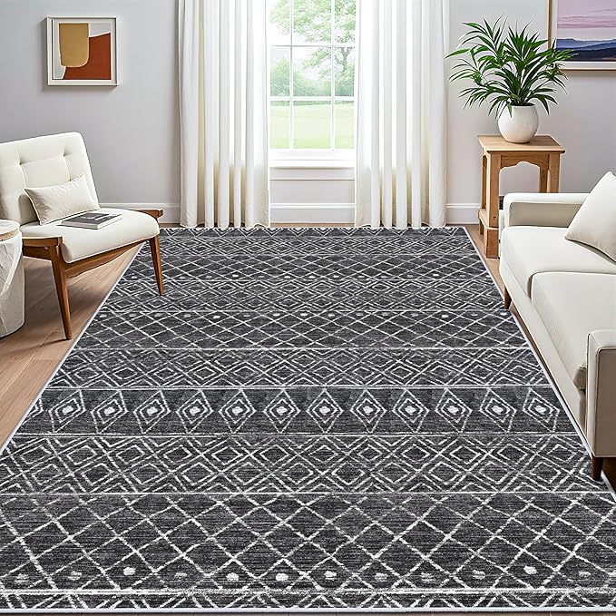 7x9 Area Rug for Living Room - Washable Rugs Moroccan Non-Slip Pet Friendly Stain Resistant Carpets for Bedroom Soft Low Pile Rug 7x9 Black