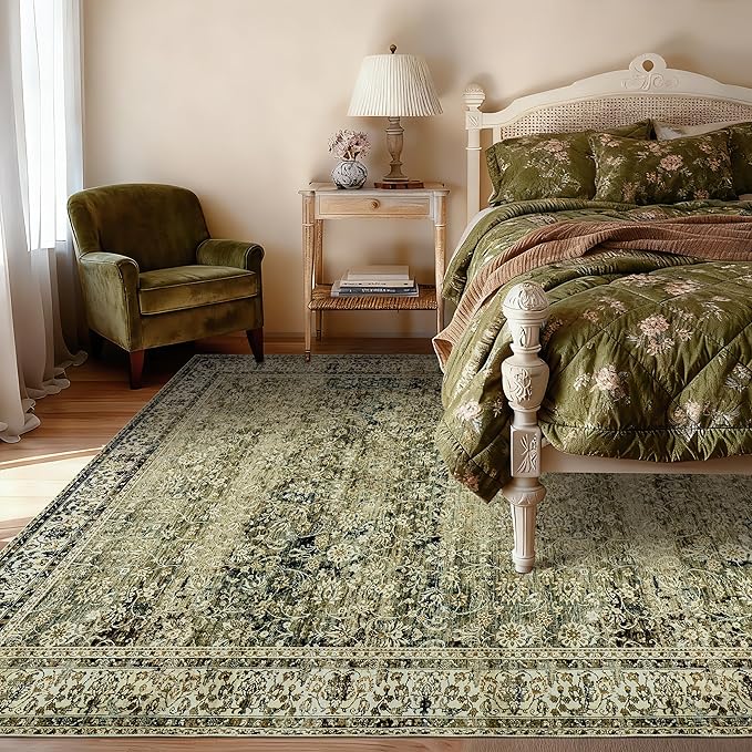 Washable 6x9 Area Rugs for Bedroom Aesthetic,Cozy Soft Neutral Distressed Floral Dark Olive Green Decor Vintage Boho Rug for Living Room Bed Room Dining Room
