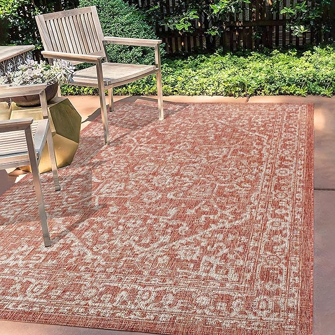 JONATHAN Y Boho Medallion Indoor Outdoor Area Rug 10X14 Red/Taupe, Malta Textured Weave for Backyard, Patio, Porch, Easy-Cleaning, High Traffic, Pet-Friendly, Non-Shedding (SMB104A-14)